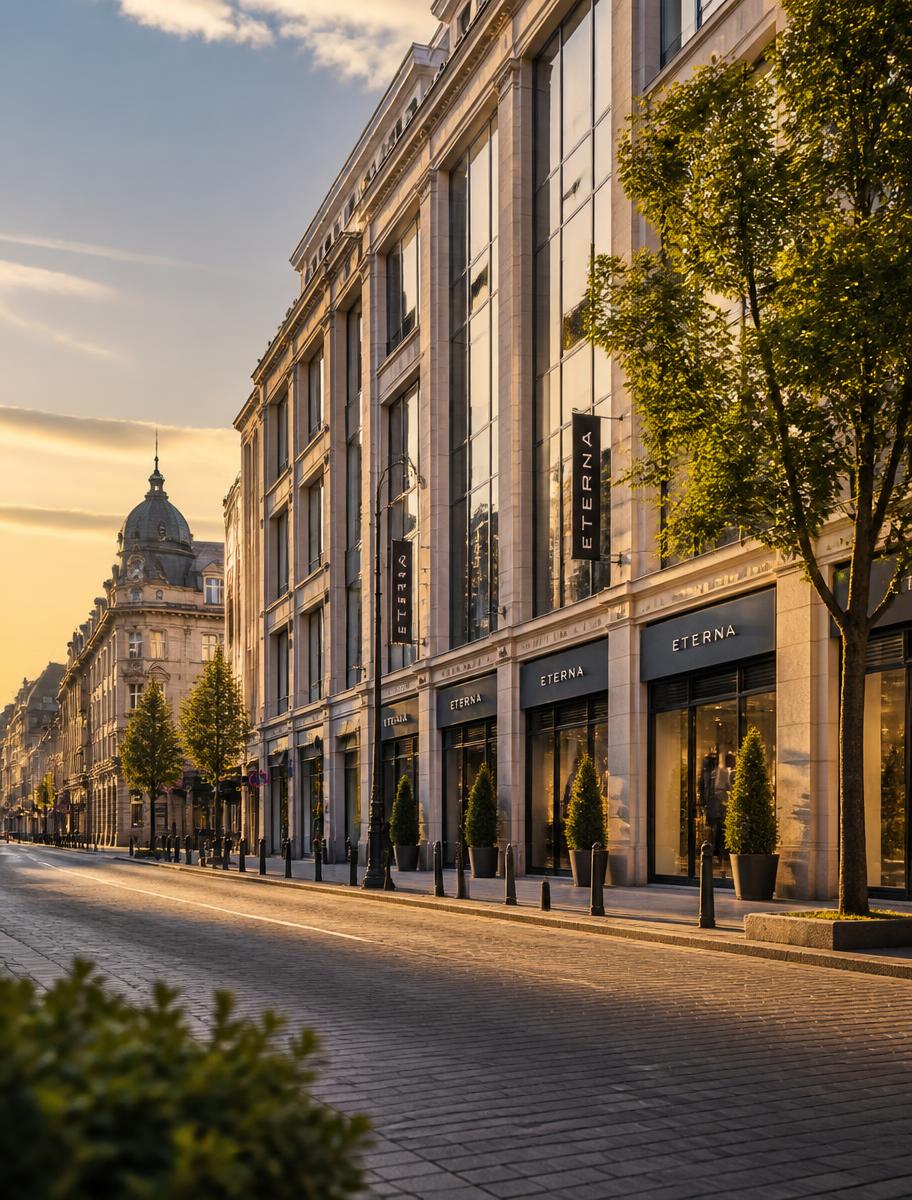 Elegant European commercial boulevard in Bulgaria at golden hour