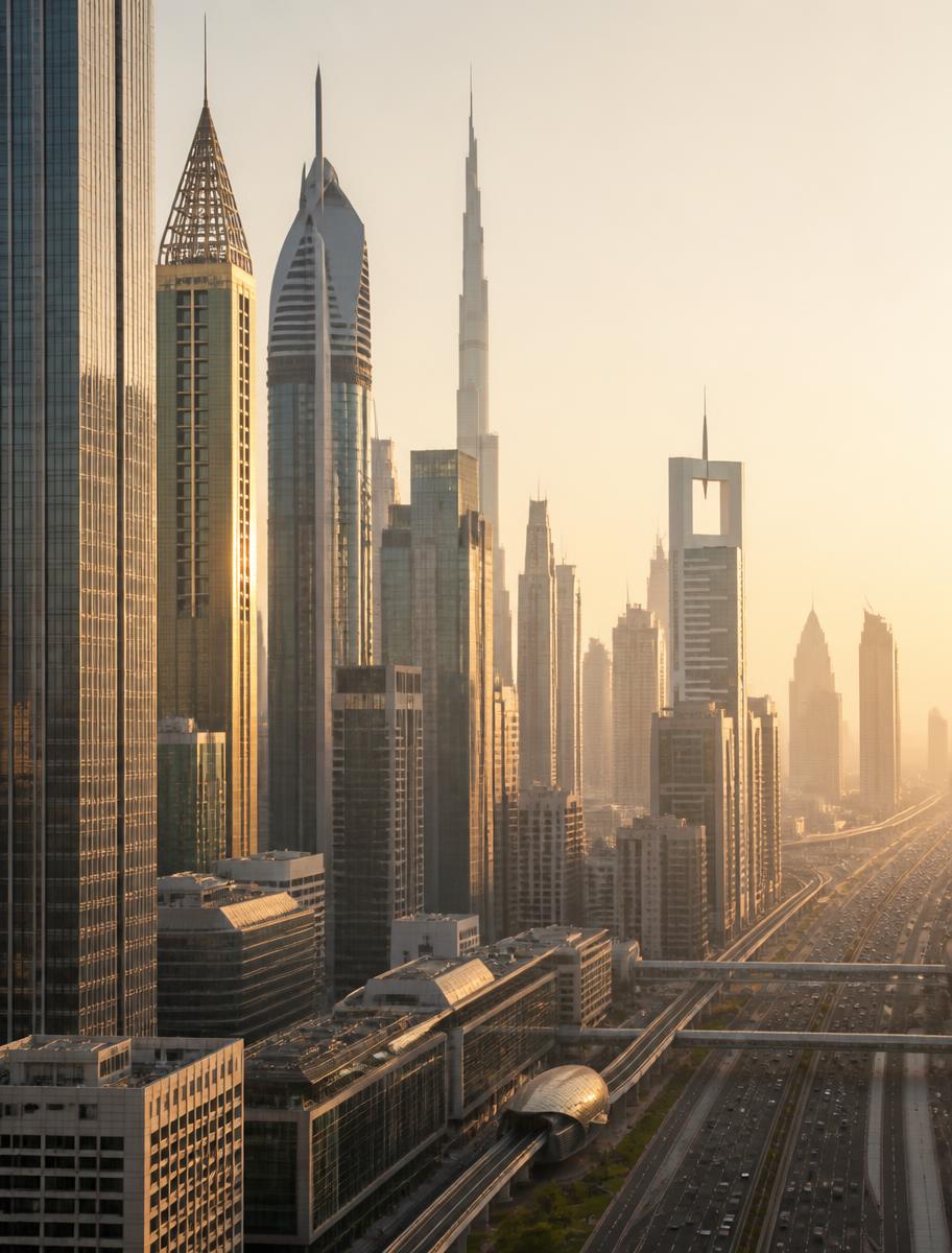 Modern Dubai skyline in warm hazy light