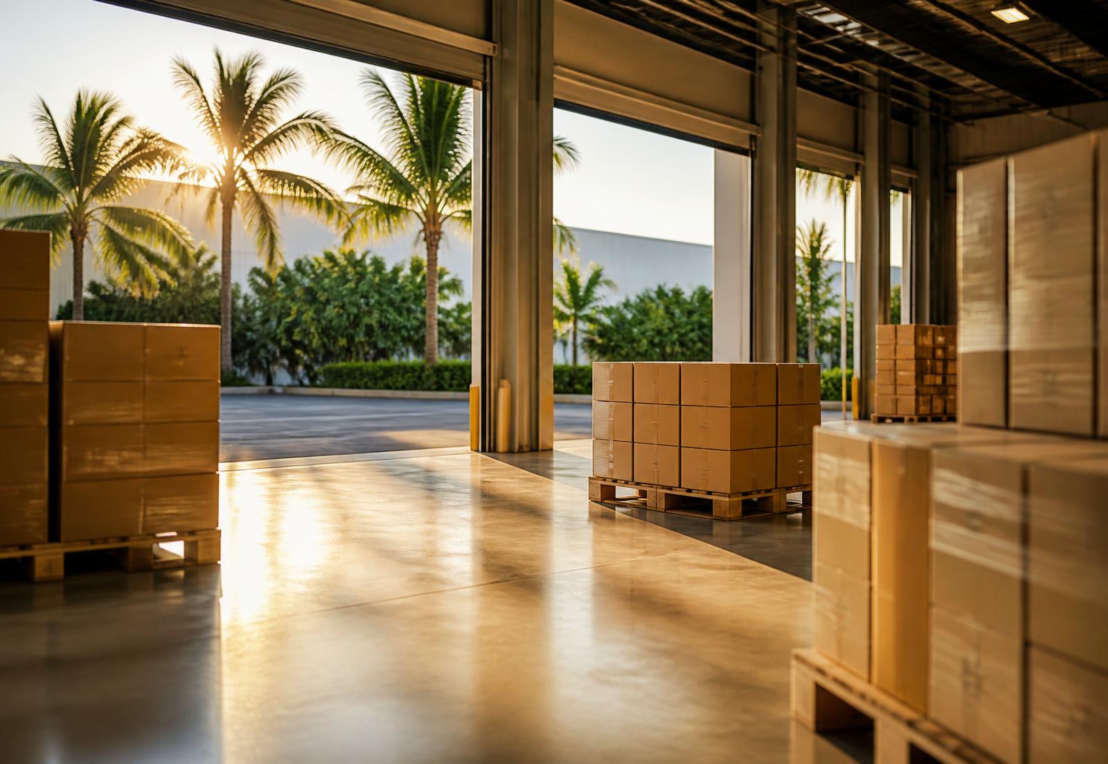 Sunlit distribution facility opening onto tropical daylight with palletised goods